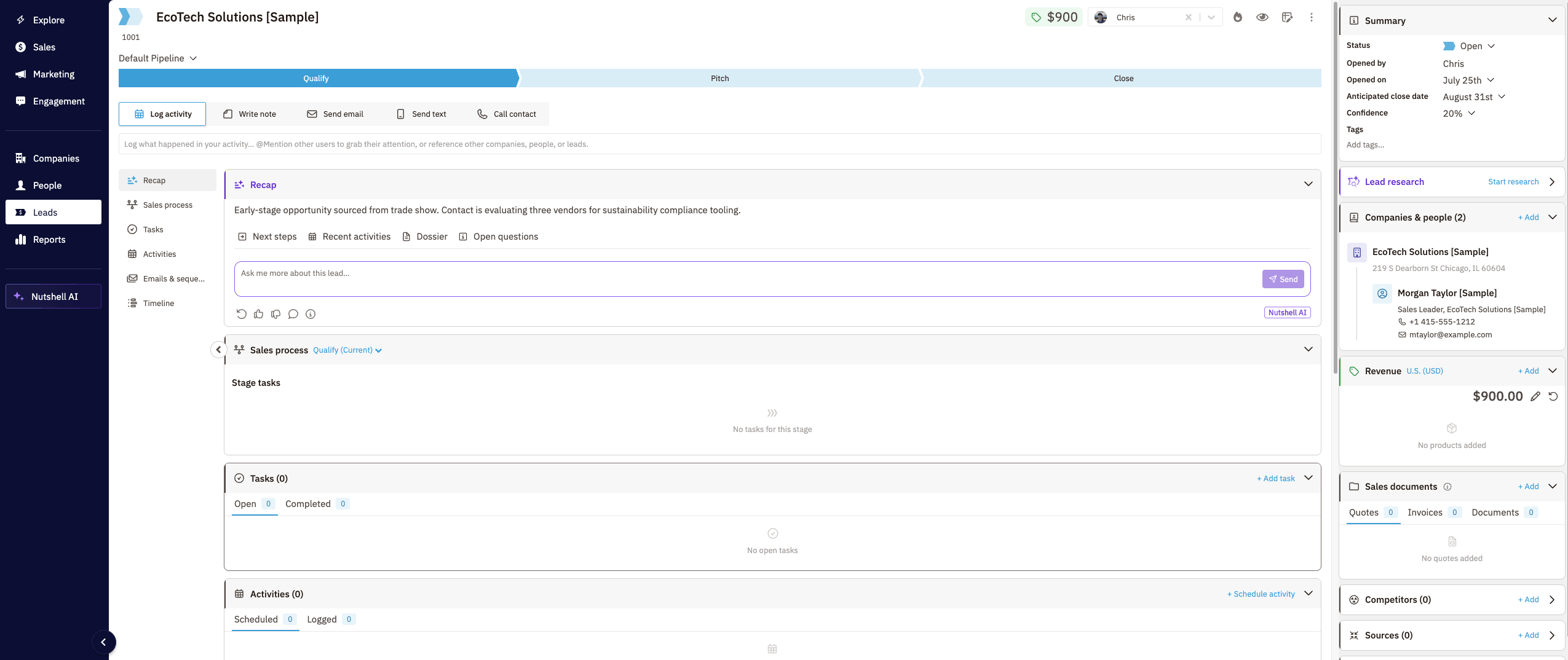 Nutshell CRM contact record showing a sample client timeline