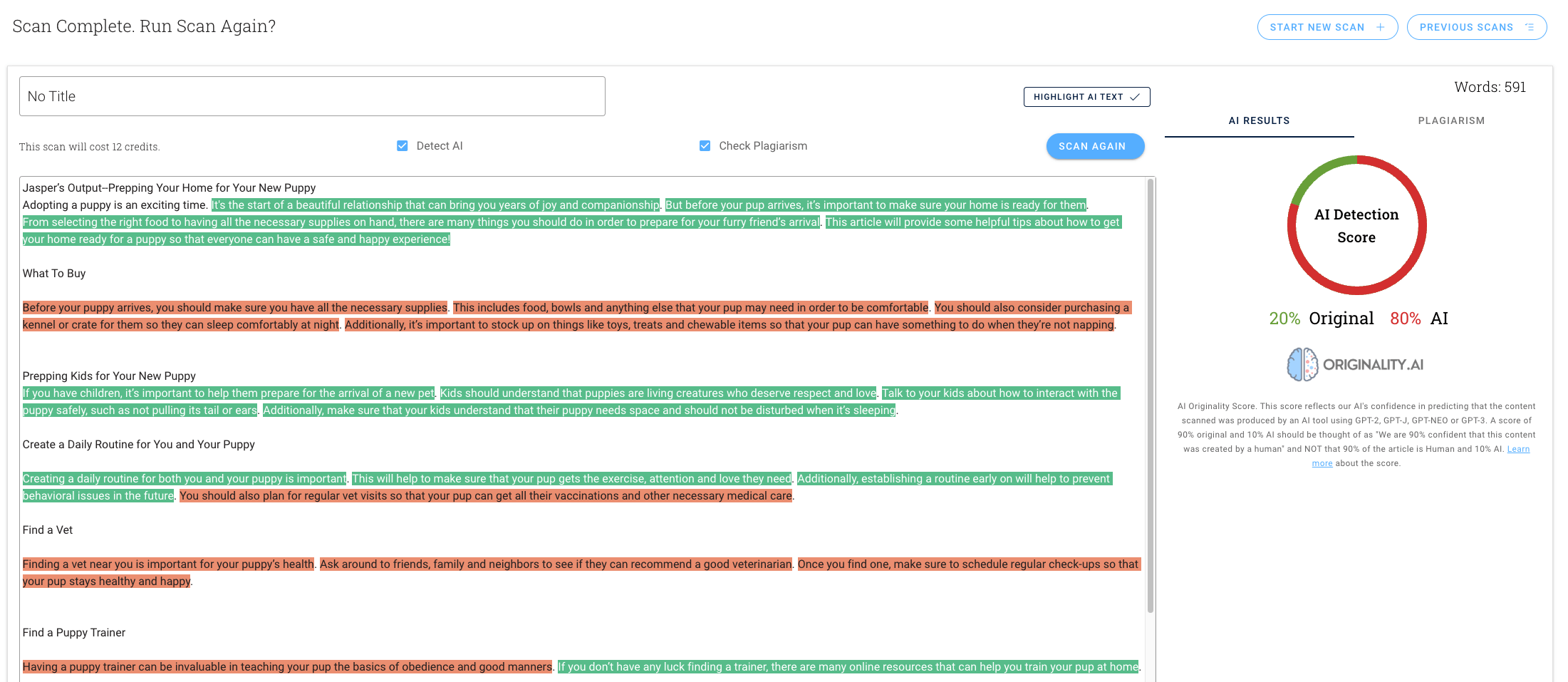 Originality AI Detection Results