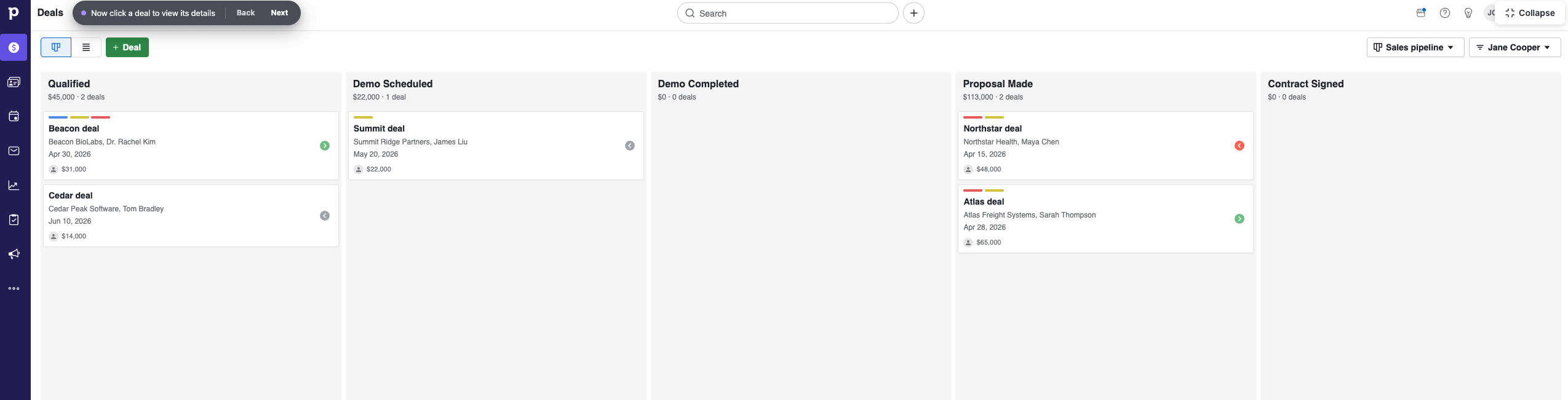 Pipedrive visual sales pipeline showing deals across stages