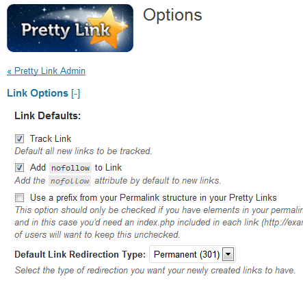 PrettyLink options setup