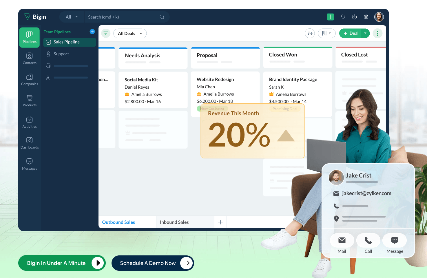 Bigin by Zoho pipeline view showing deal stages