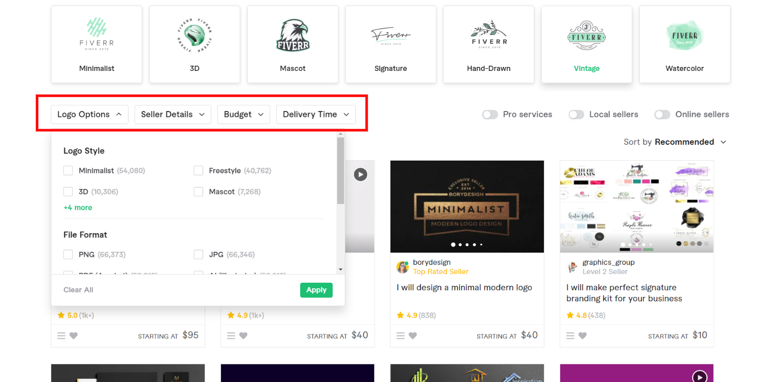 Fiverr Logo Design - Filtering Options