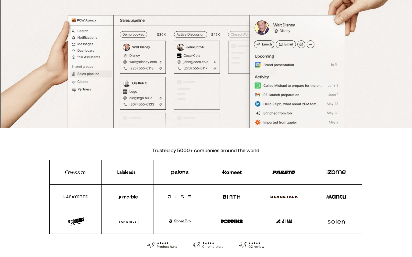 folk CRM spreadsheet-style contact list view