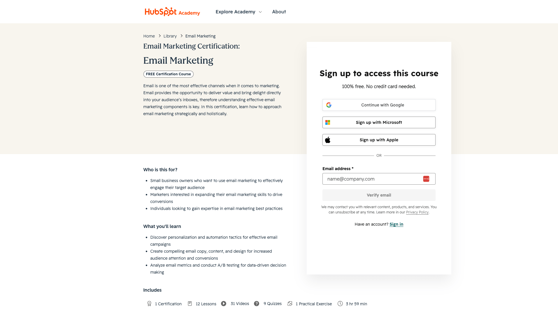 HubSpot Academy Email Marketing Certification free - strategy deliverability automation