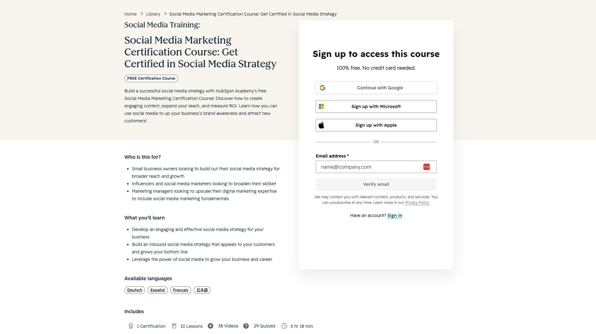 HubSpot Academy Social Media Marketing Certification free - content strategy engagement ROI measurement