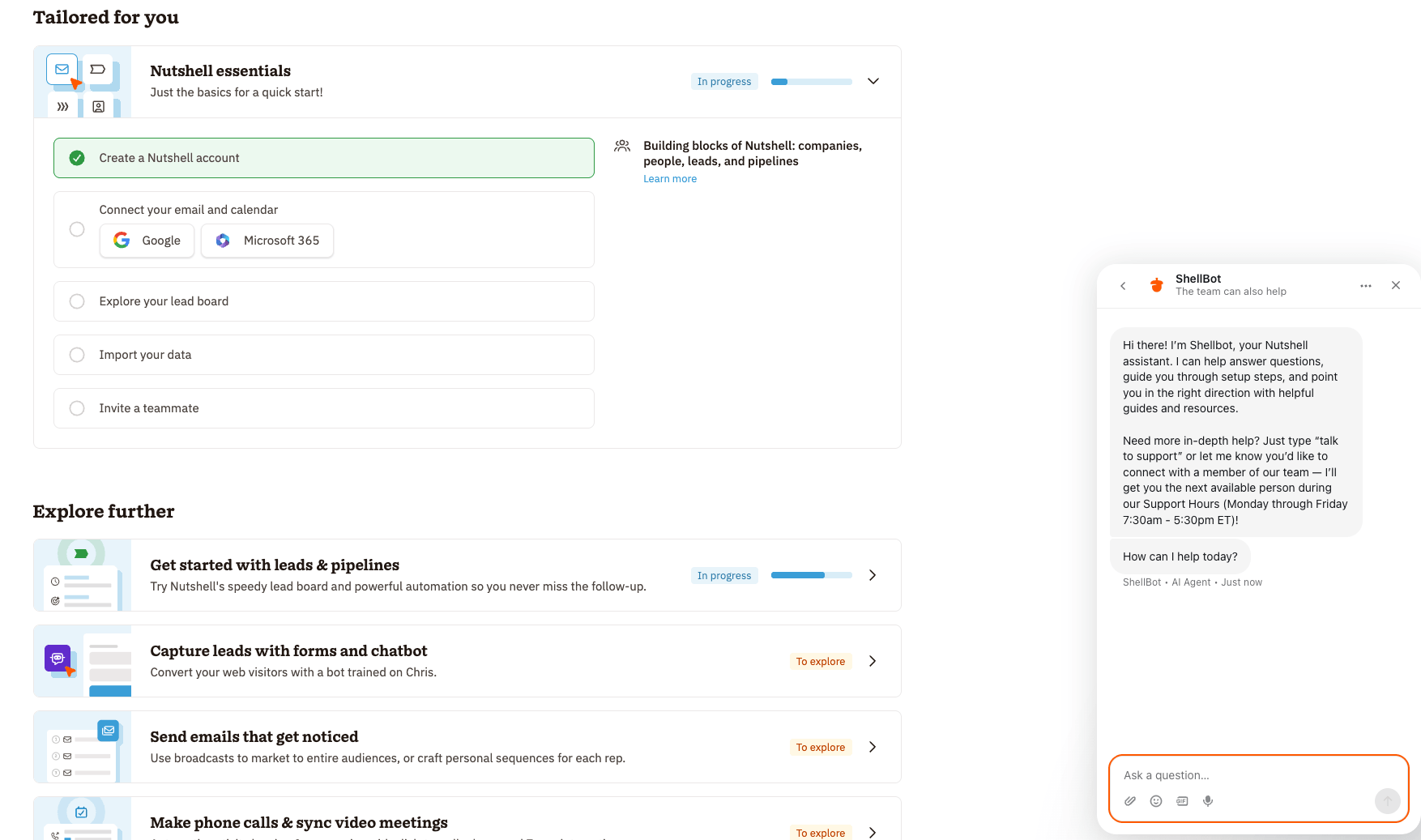 Nutshell support widget showing the option to reach a human agent