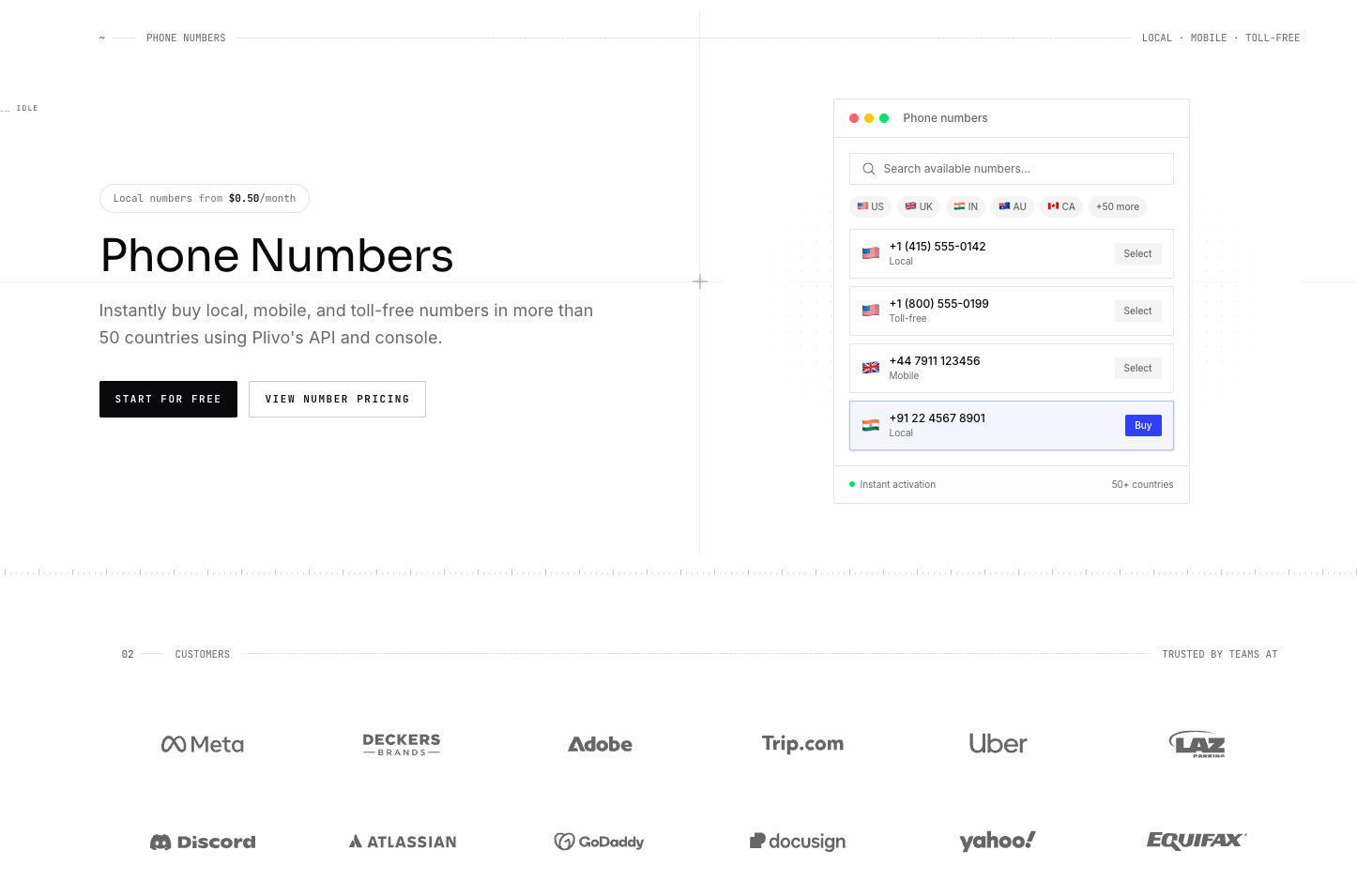 Plivo phone numbers page showing local numbers from $0.50 a month