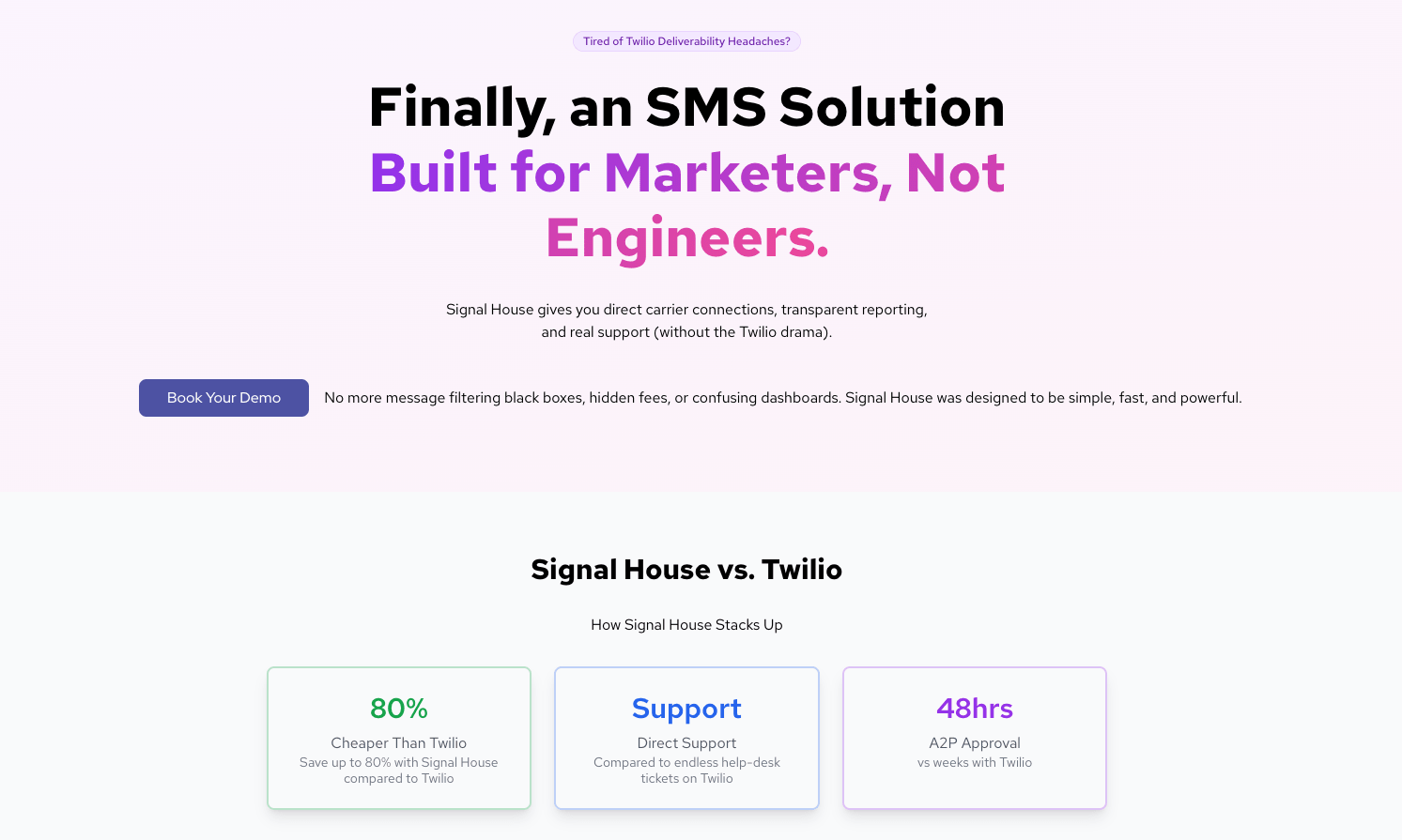 Signal House homepage comparing itself to Twilio