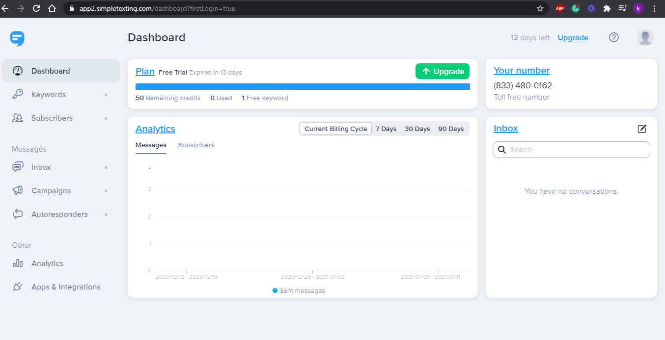 SimpleTexting Review - Dashboard